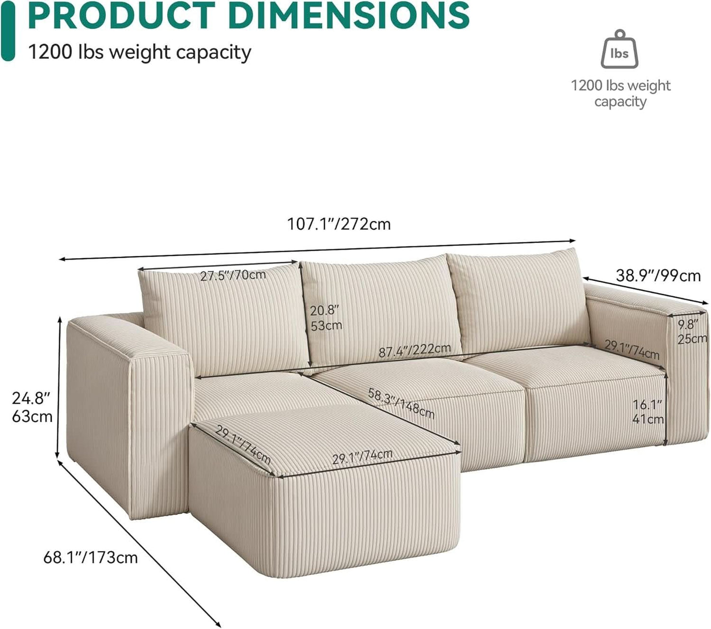 107 Inch Cloud Modular Sofa with Deep Seats Comfort