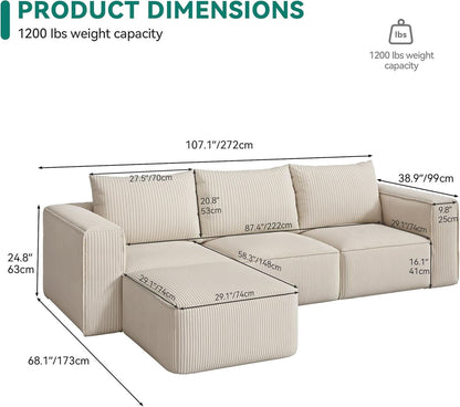 107 Inch Cloud Modular Sofa with Deep Seats Comfort