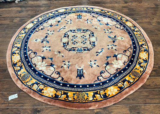 Antique Round Chinese Wool Rug 8x8, Chinese Peking Carpet, Asian Oriental Carpet 8 x 8 ft, Chinese Art Deco Rug, Nichols Rug