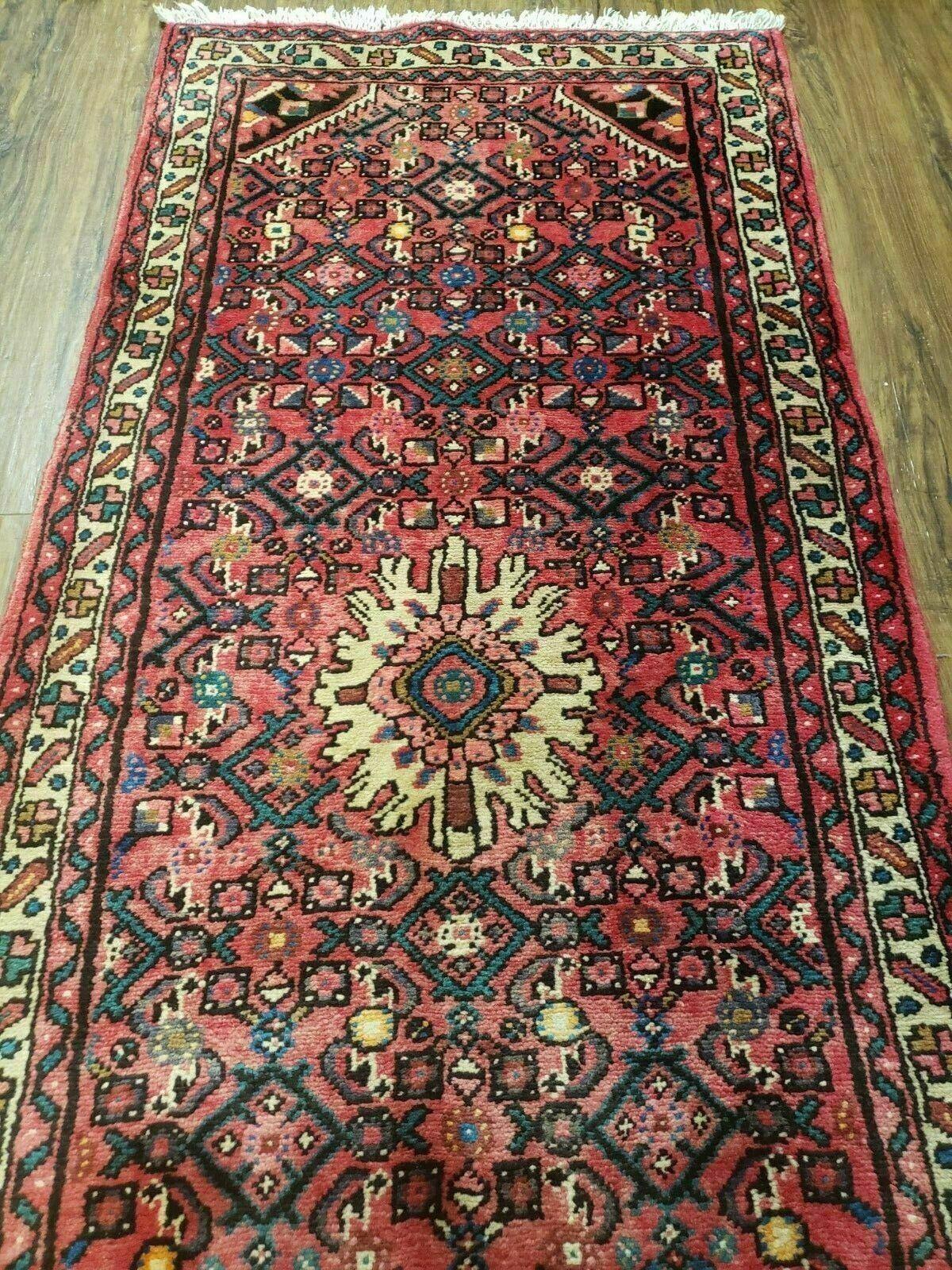 Persian Hamadan Runner Rug 2.8 x 14, Red, Vintage Handmade Wool Runner Rug