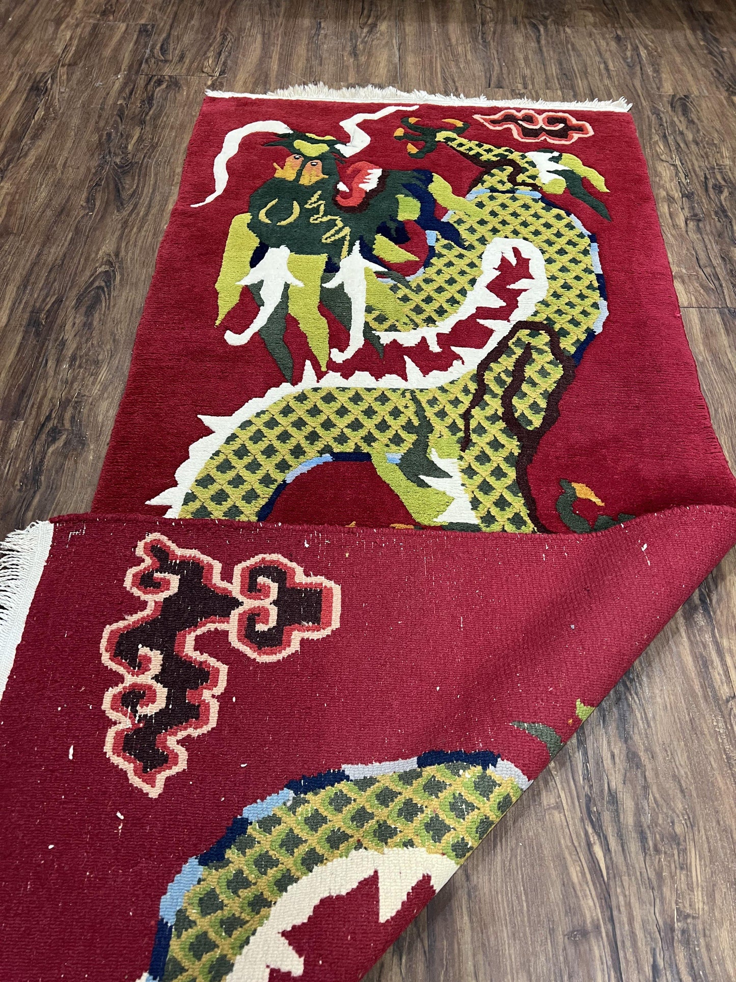Vintage Chinese Dragon Rug 3 x 6.8, Handmade Hand Knotted Red Chinese Carpet with Gold Dragon, Art Deco Peking Soft Chinese Rug Runner