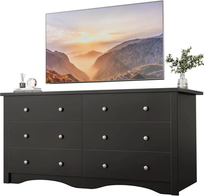 Black Dresser With Six Deep Drawers For TV Storage