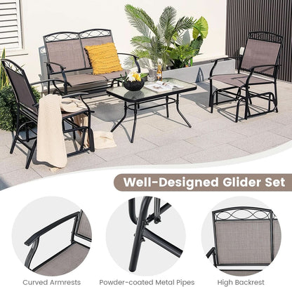4 Piece Patio Glider Set With Gliding Loveseat Glass Table