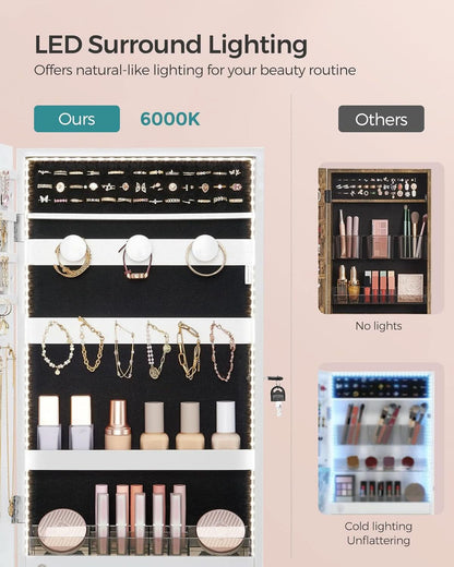 Mirror Jewelry Cabinet Armoire With LED Lights White