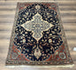 Antique Persian Rug 3.5 x 5, Sarouk Farahan Rug, High Quality 1920s Fine Oriental Carpet 3 x 5 ft, Large Medallion, Floral, Navy Blue Red, Hand Knotted Wool Rug