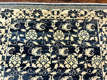Sino Persian Rug 6x9, Hand Knotted Wool Carpet, Floral Allover, Blue Cream-Tan