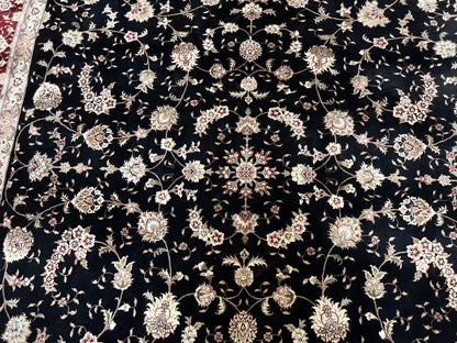Sino Persian Rug 9x12, High Quality Oriental Carpet, Black and Maroon, Wool and Silk, Allover Floral Pattern, Hand Knotted, Vintage Rug Nice