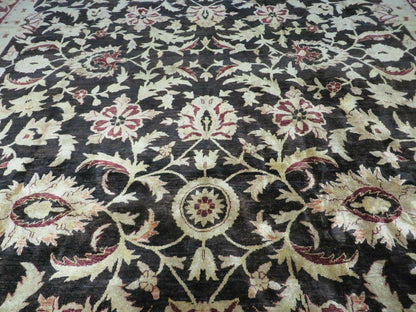11' X 15' Vintage Hand Knotted Indian Agra Wool Rug Hand Made Dark Brown Floral