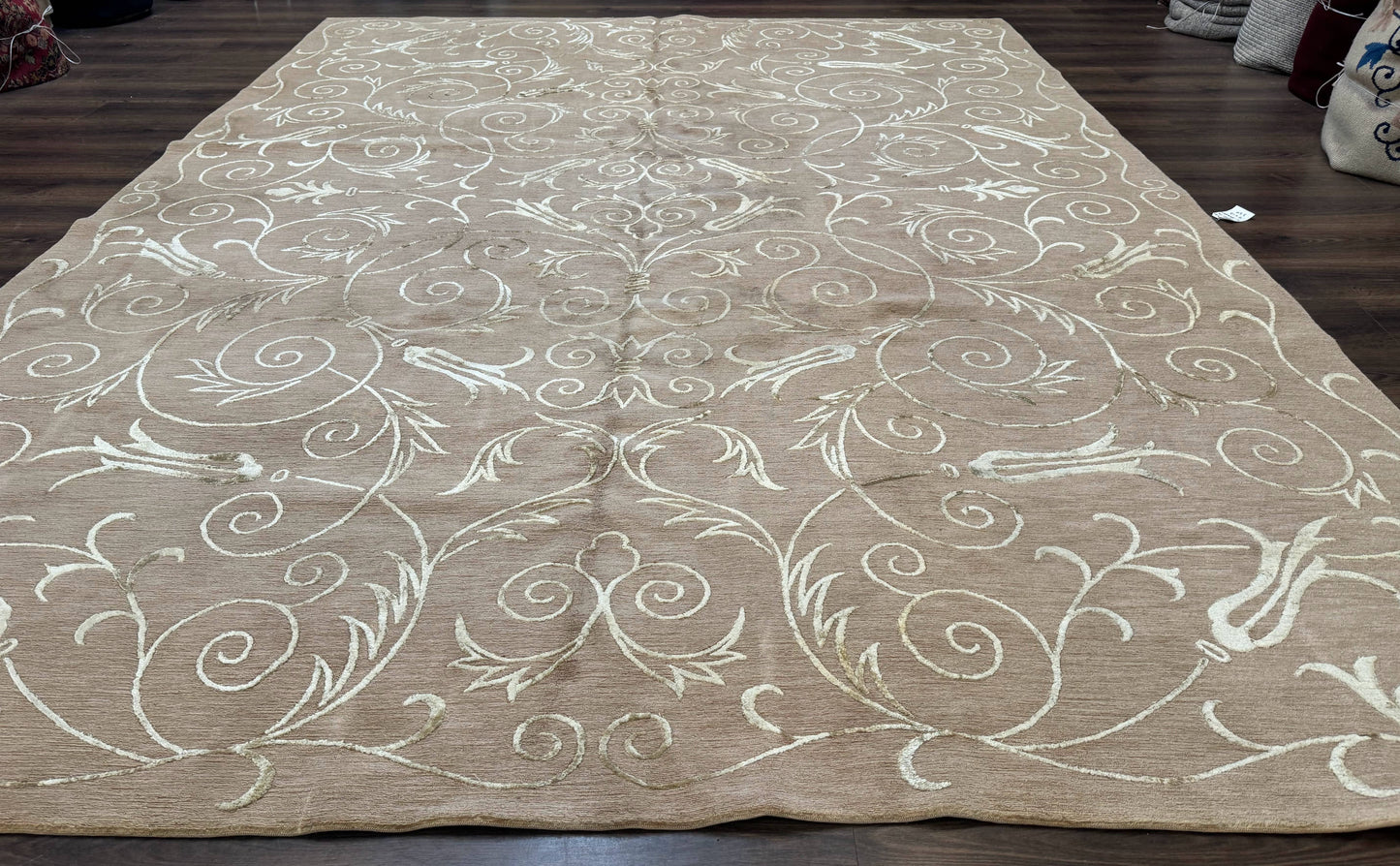 Tibetan Rug 9x12 Wool and Silk Beige Modern Handmade Carpet