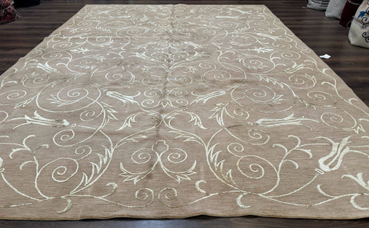 Tibetan Rug 9x12 Wool and Silk Beige Modern Handmade Carpet