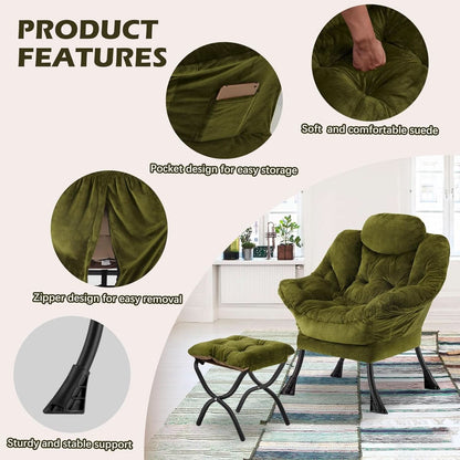 Plush Green Folding Ottoman Lounge Chair With Footrest