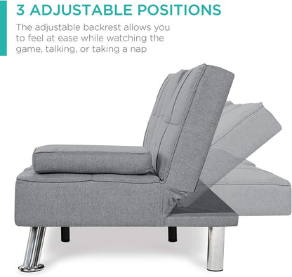 Gray Linen Modern Folding Futon Sofa Bed With Armrests