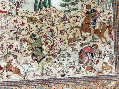 Silk Persian Qum Rug 3x5, Hunting Pattern, Handmade Vintage Carpet, Signed by Master Weaver, Horsemen Pictorials, Super Fine 650 KPSI