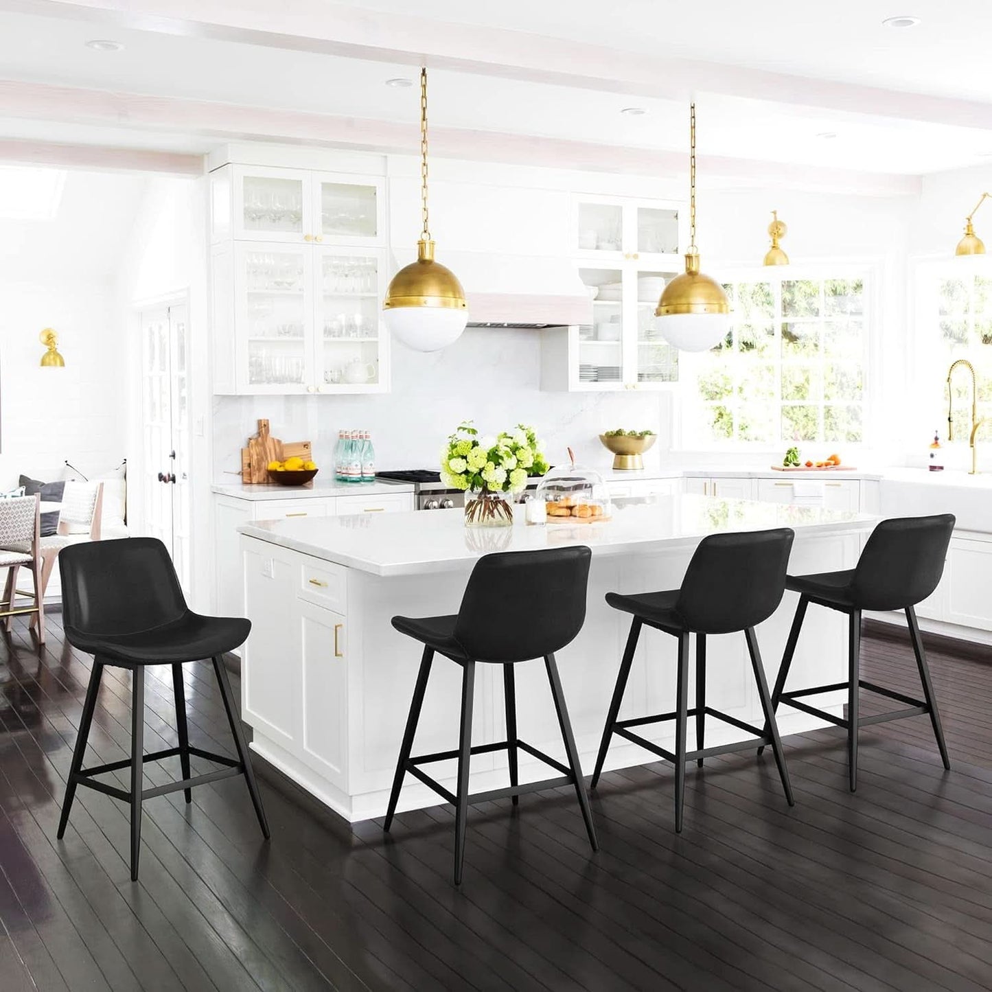 24 Inch Modern Bucket Bar Stool Set Of 3 With Back And Footrest In Faux Leather Black