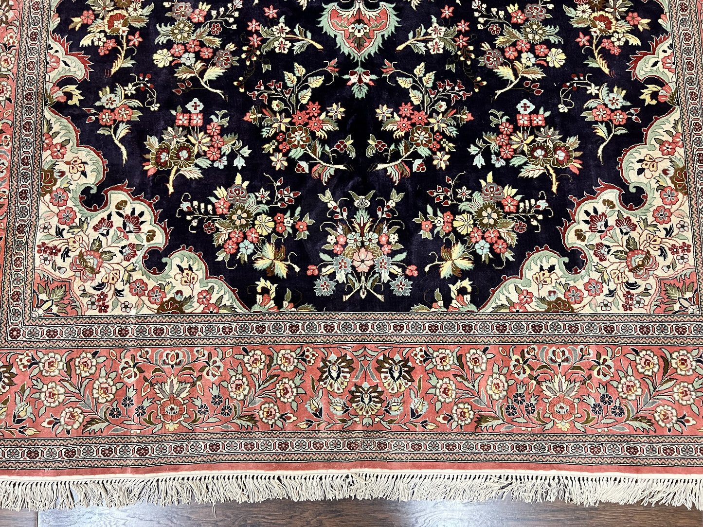 Stunning Silk Persian Qum Rug 7x9, Finely Hand Knotted Navy Blue & Salmon Floral Medallion Authentic Oriental Carpet, Vintage Handmade Silk Ghom Rug, Silk on Silk