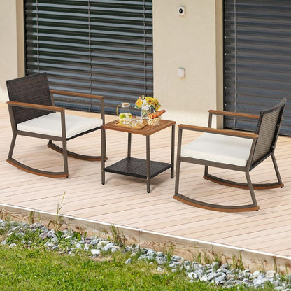 Three Piece Rocking Bistro Set With Cushions And Coffee Table For Outdoor Rattan Patio Off White