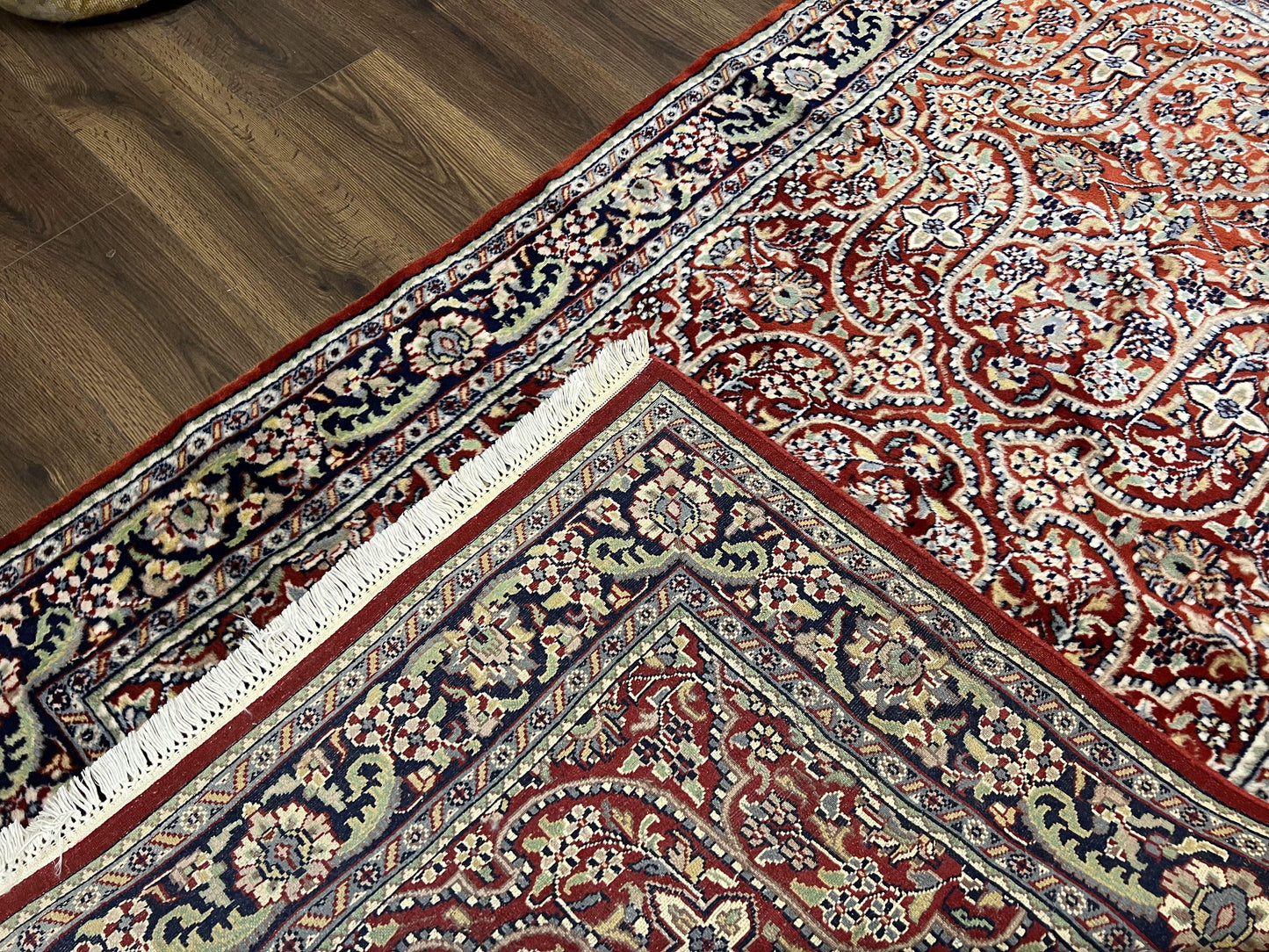 Indo Persian Rug 4x7, Allover Floral Oriental Carpet, Red and Navy Blue, Hand Knotted Indian Kashmiri Traditional Vintage Area Rug 4 x 7 ft
