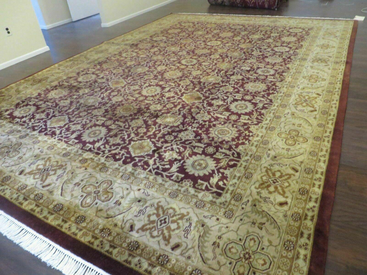 Indian Agra Rug 10x14 Vintage Handmade Larastan Wool Carpet Maroon Floral