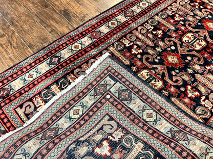 Persian Wide Runner Rug 4.8 x 10, Persian Kalegi Ardabil Rug, Perpedil Caucasian Rug, Antique Handmade Wool Carpet, Navy Blue Red, Tribal Rug