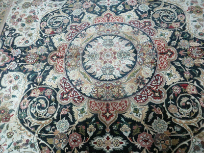 Beautiful Sino Persian Rug 9x12, Elegant High Quality Handmade Wool Oriental Carpet, Medallion with Corner Design, Floral, Black and Ivory