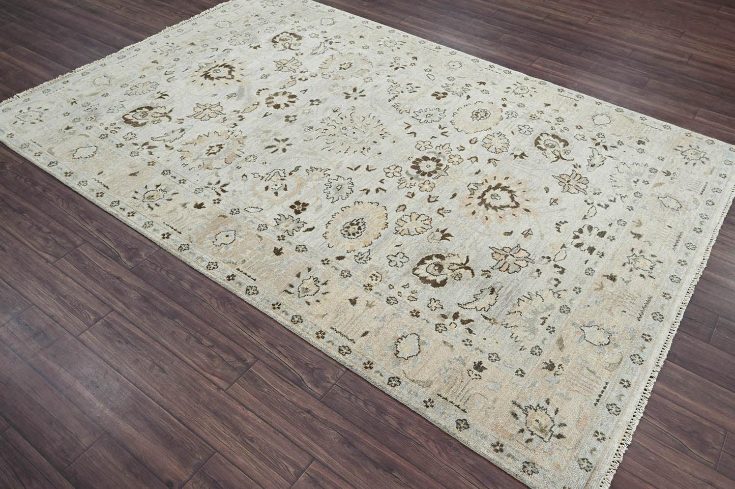 LoomBloom 6'0''x8'10" Gray Beige Hand Knotted Traditional Oushak Wool Oriental Area Rug