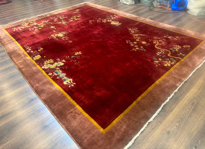 Red Chinese Art Deco Rug 9x11, Simple Design, Wool Chinese Area Rug, Antique