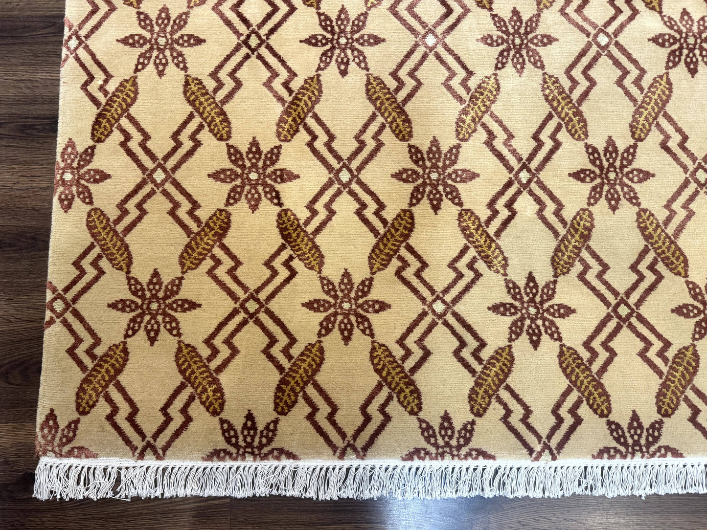 Tibetan Rug 8x10, Wool with Silk Highlights, Beige and Maroon, Contemporary Carpet