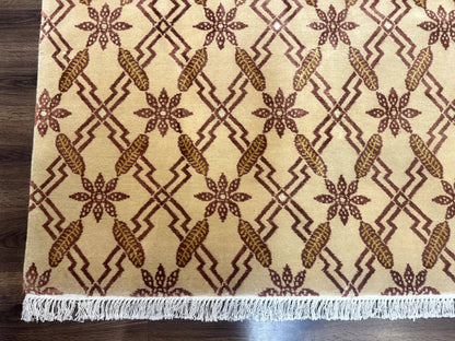 Tibetan Rug 8x10, Wool with Silk Highlights, Beige and Maroon, Contemporary Carpet