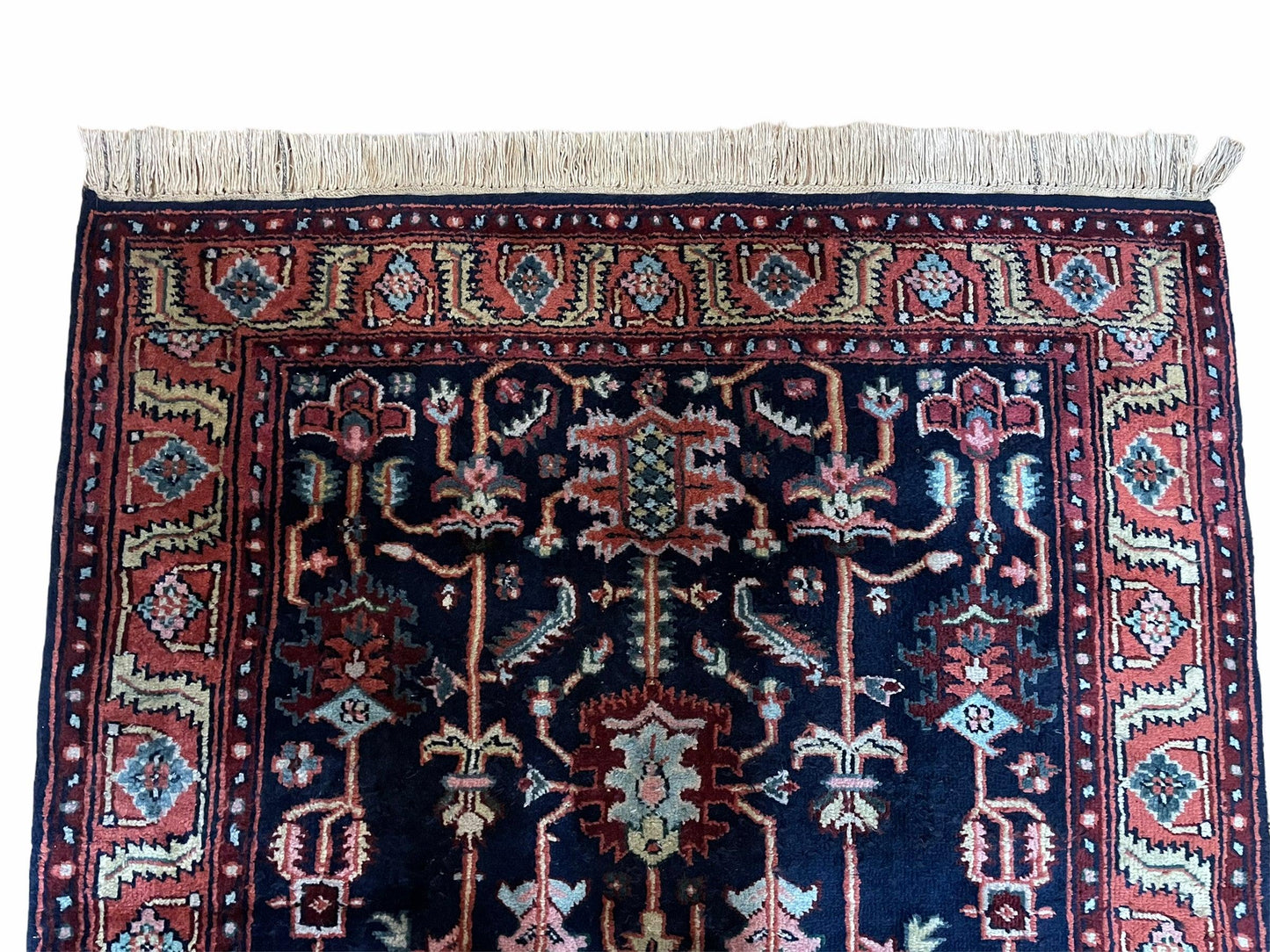 4x6 Vintage Handmade Wool Geometric Rug Organic Dyes Blue Red Hand-Knotted Rug