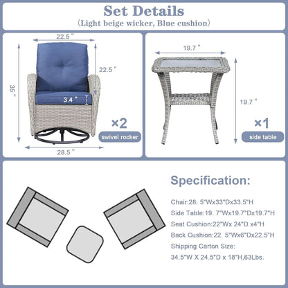 Patio Wicker Swivel Rocker Chairs Set Of 2 With Side Table