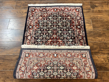Indo Persian Rug 3x4, Herati Allover Pattern, Midnight Blue and Red, Small Vintage Handmade Wool Rug