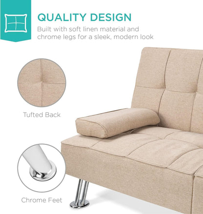 Beige Linen Folding Futon With Three Position Recline