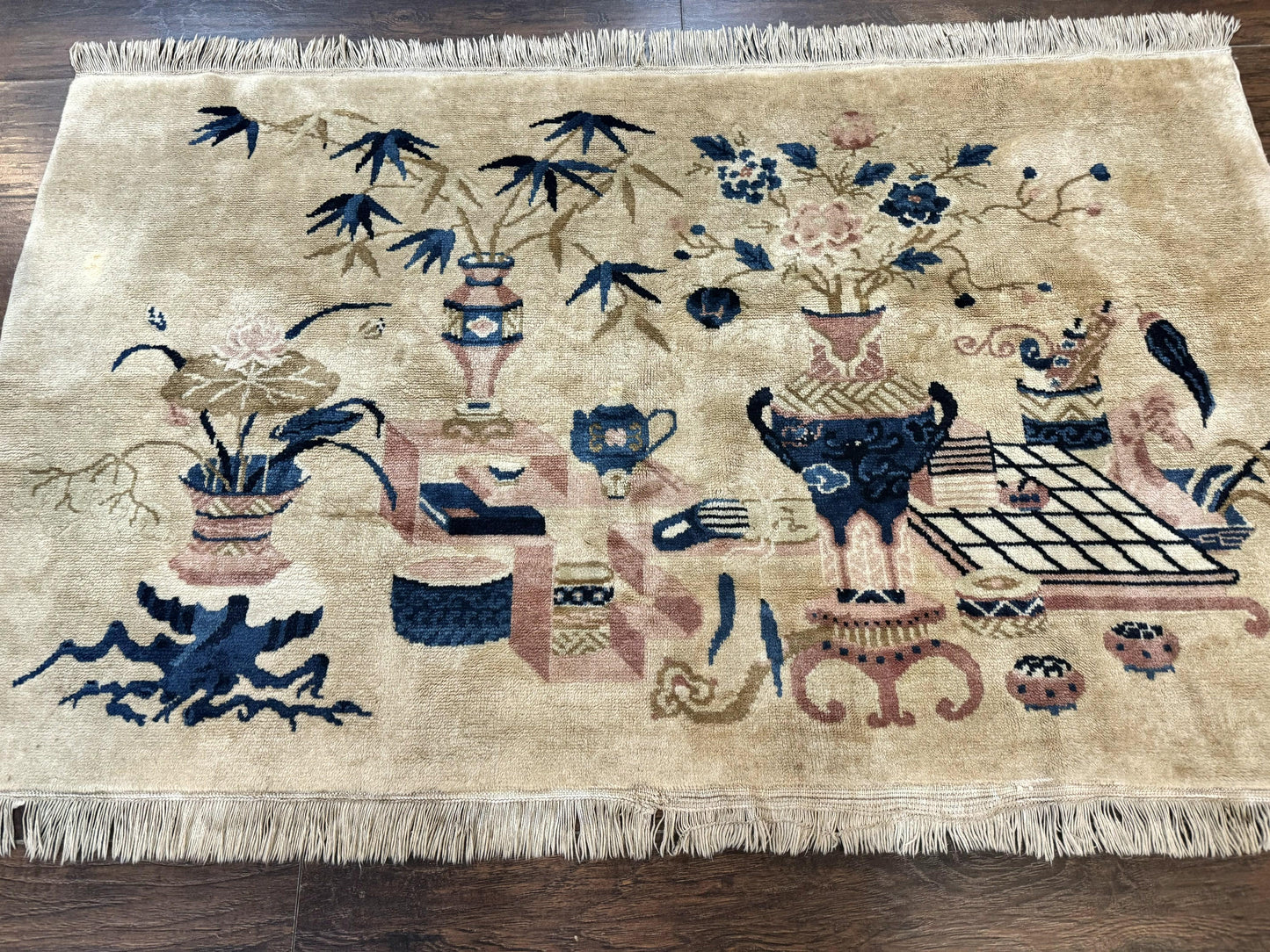 Chinese Rug 5x3, Horizontal Rug, Vases Flowers, Handmade Antique Vintage Carpet, Peking Rug, Chinese Wool Rug