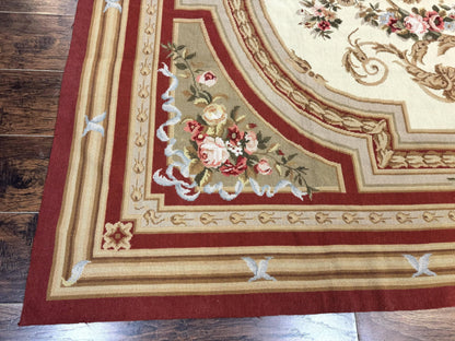 Aubusson Needlepoint Rug 9x11, Handmade Vintage Wool Flatweave Carpet, Elegant European Rug, Floral, Cream