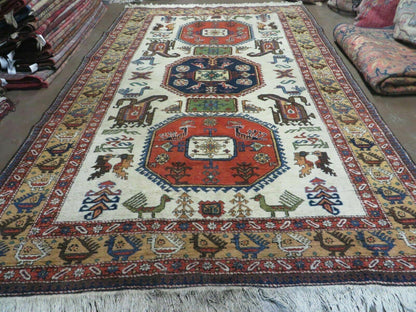 7' X 10' Vintage Handmade Knotted Turkish Wool Rug Birds Animal Ivory Organic