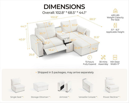 102.8 Inch White Chenille Power Recliner Sofa With Headrest Storage USB Table Wall Hugger