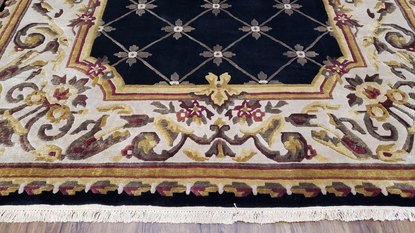 Nepal Rug 6x9, New Aubusson Nepalese Tibetan Carpet 6'1" x 8' 8", Hand-Knotted Wool, Unused, Black & Cream, Savonnerie Pattern, Soft Pile