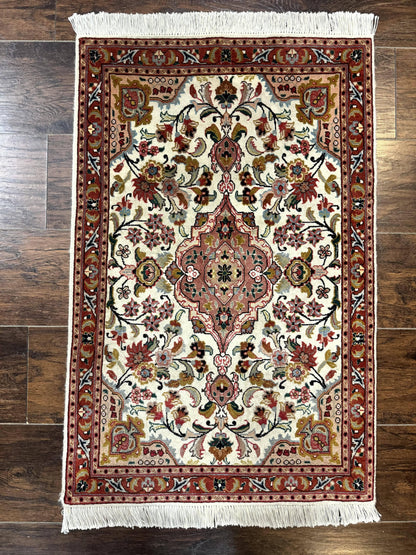 Small Persian Tabriz Rug 2x3, Floral Medallion, Wool and Silk, 340 KPSI