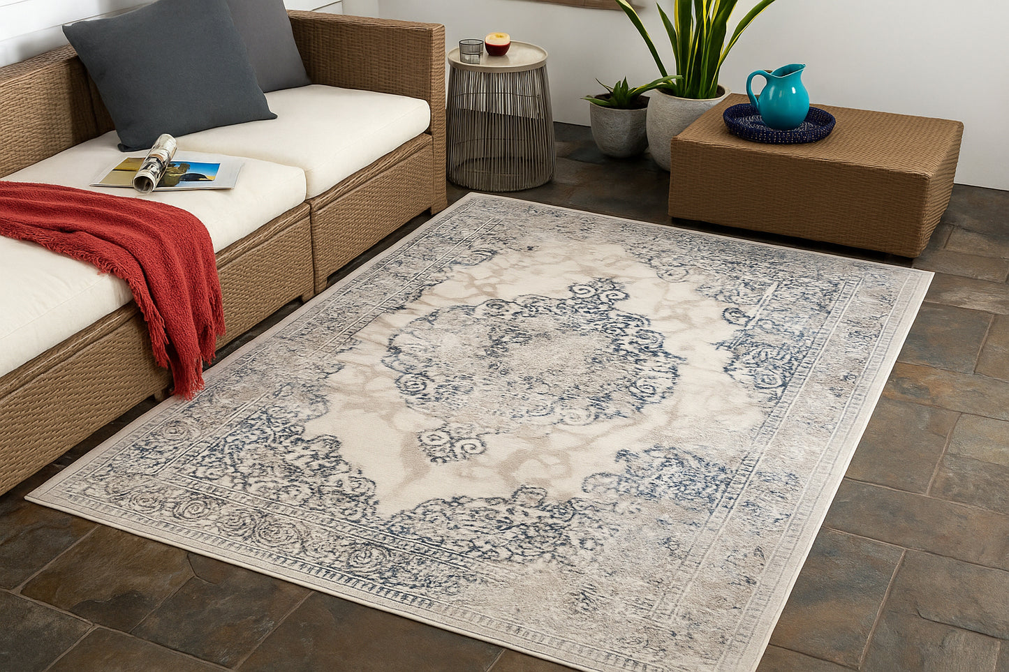 ROY's Home Alfombras de diseño de dos niveles, patrón clásico: hilo marfil brillante, gris y beige