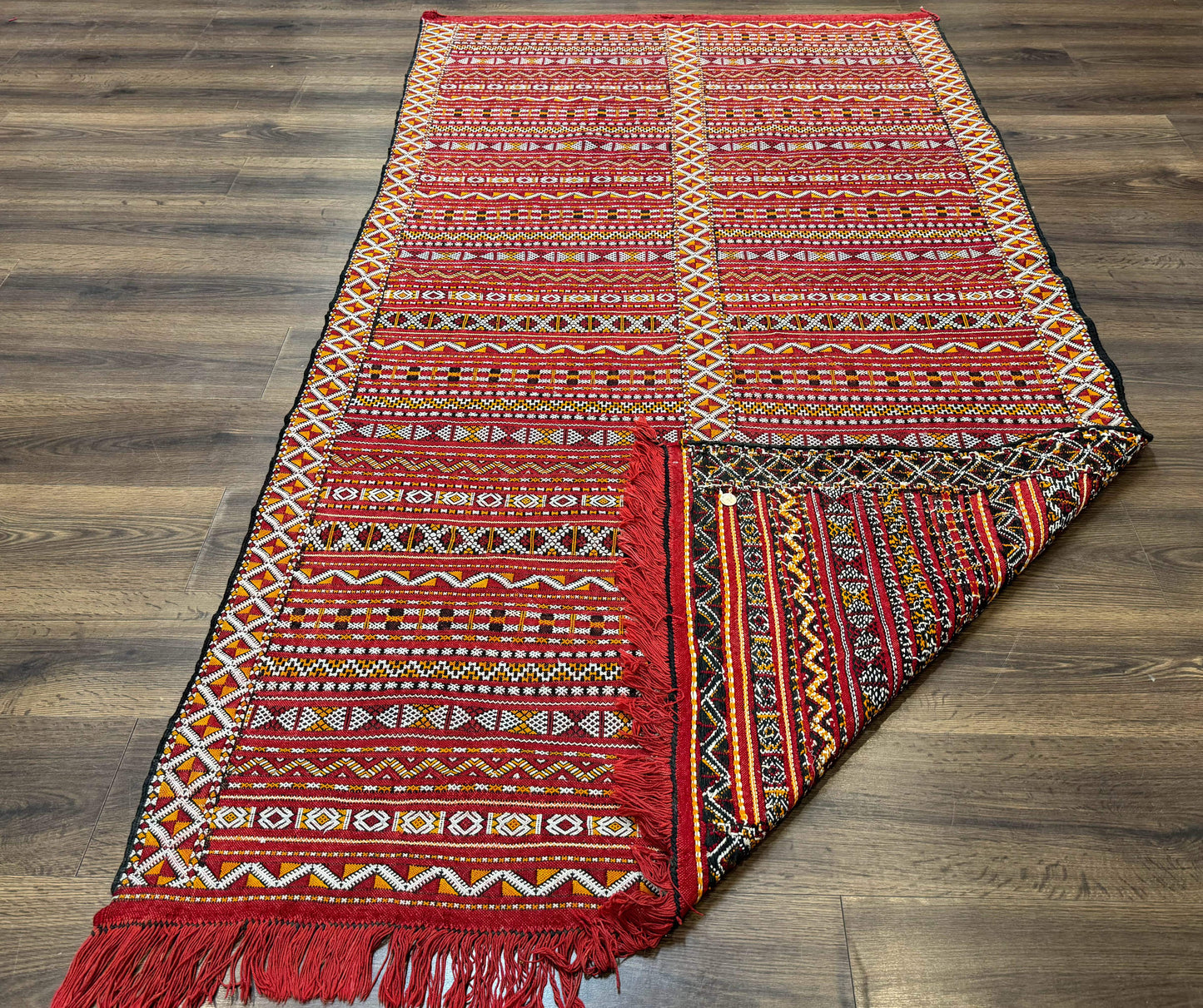 Moroccan Kilim Rug 4x8, Flatweave, Bohemian, Red Ivory Orange