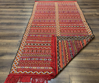 Moroccan Kilim Rug 4x8, Flatweave, Bohemian, Red Ivory Orange