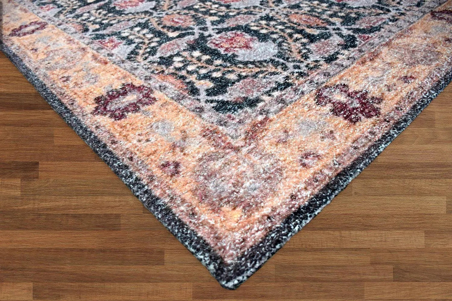 Multi Sizes Micro Printed Hand Woven Polyester Oriental Area Rug Charcoal, Peach Color