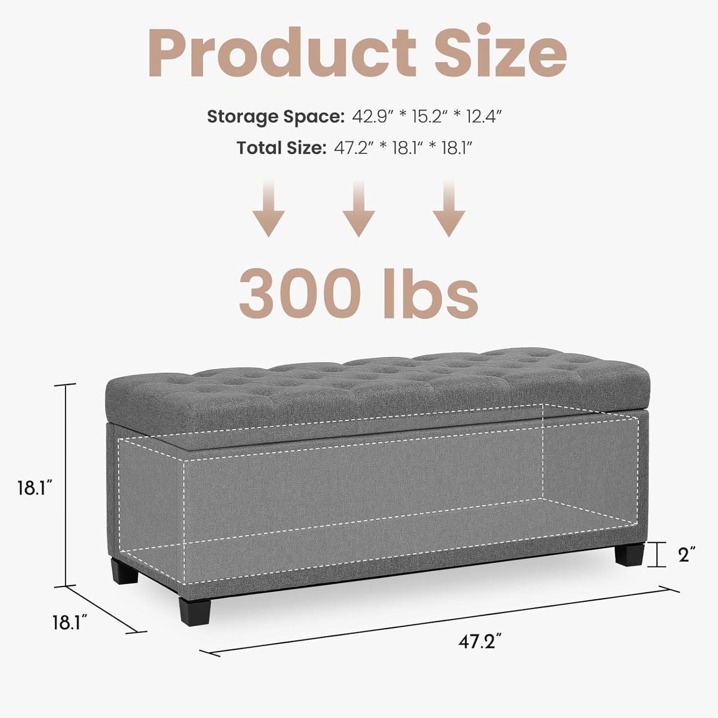 47.2 Inch Storage Ottoman Bench Light Grey Upgraded