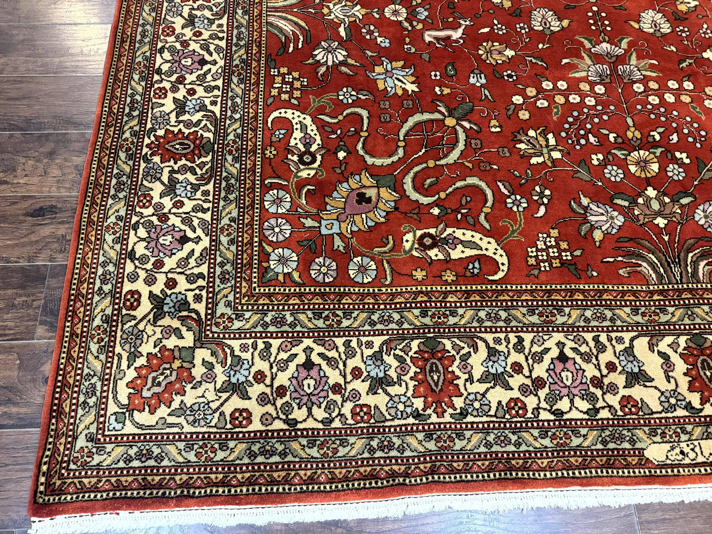 Romanian Rug 10x13, Vintage Handmade Wool Carpet, Floral Pattern, Birds, Red and Cream, Signed By Masterweaver, Persian Rug