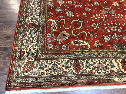 Romanian Rug 10x13, Vintage Handmade Wool Carpet, Floral Pattern, Birds, Red and Cream, Signed By Masterweaver, Persian Rug