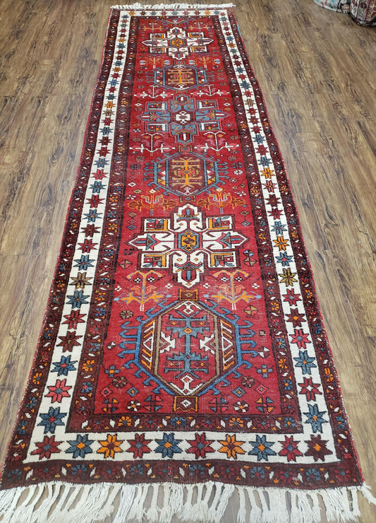 Antique Persian Heriz Karajeh Runner Rug, Red, Hand-Knotted, Wool, 3' 3" x 10' 11"