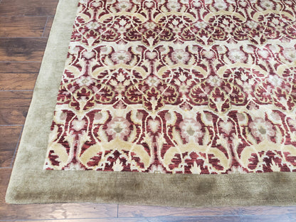 Contemporary Indian Nepalese Room Sized Rug 9 x 11.6, Wool Hand-Knotted Dark Red & Beige Soft Carpet, 9 x 12 Masterloom Living Room Rug