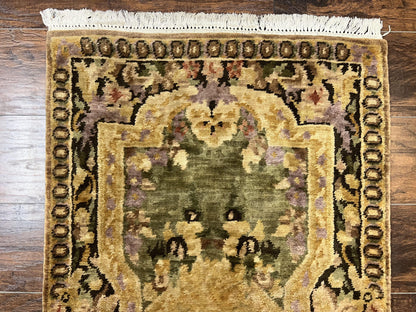 Tibetan Runner Rug 2.6 x 10, French Aubusson Pattern, Gold Olive Green, Vintage Handmade European Design, Wool Hallway Rug