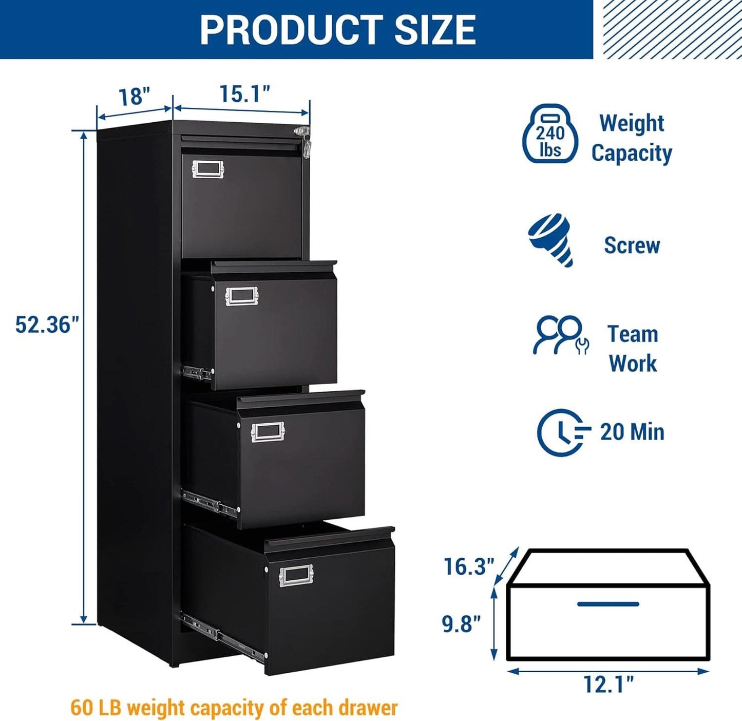 Lockable 4 Drawer Vertical File Cabinet Black Metal For Home Office