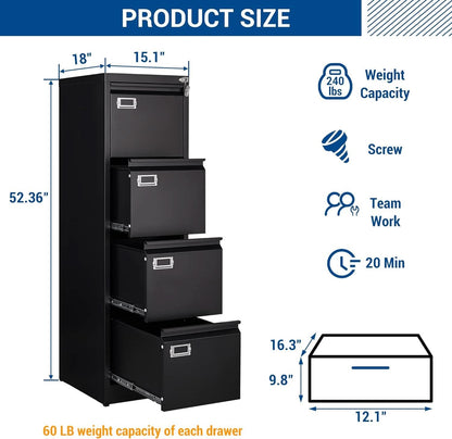 Lockable 4 Drawer Vertical File Cabinet Black Metal For Home Office